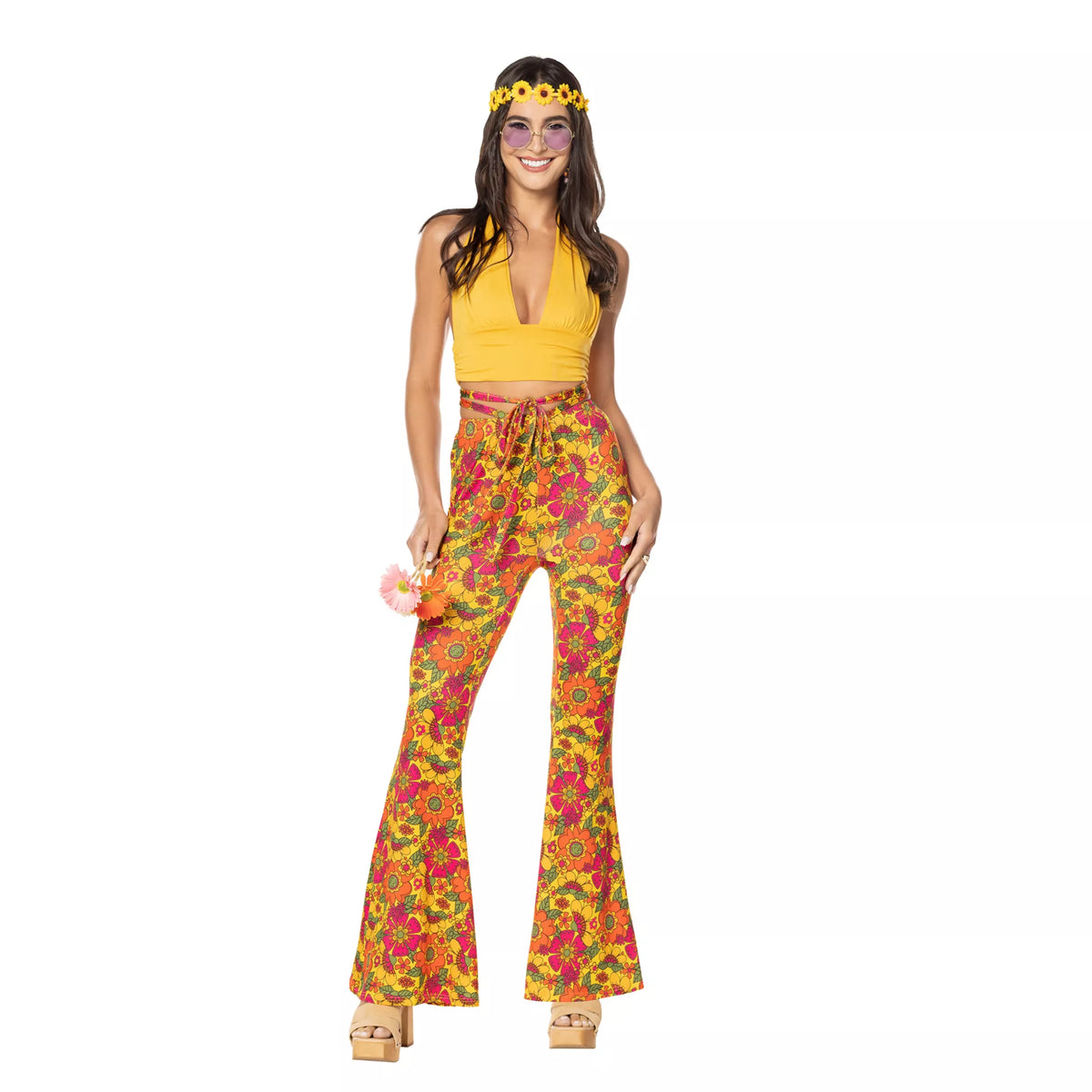 Adult Yellow Flower Bell Bottom Pants