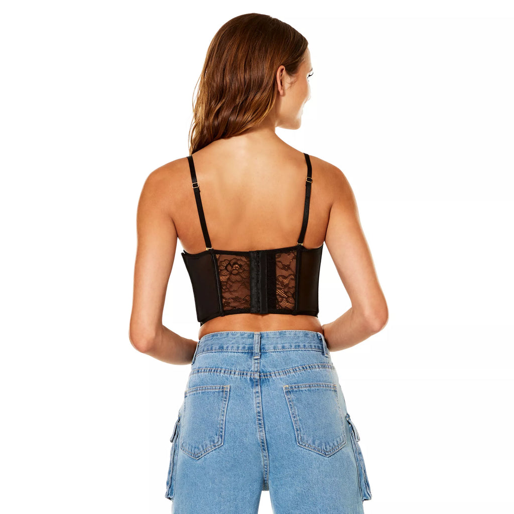 Black Floral Lace-Up Corset Top